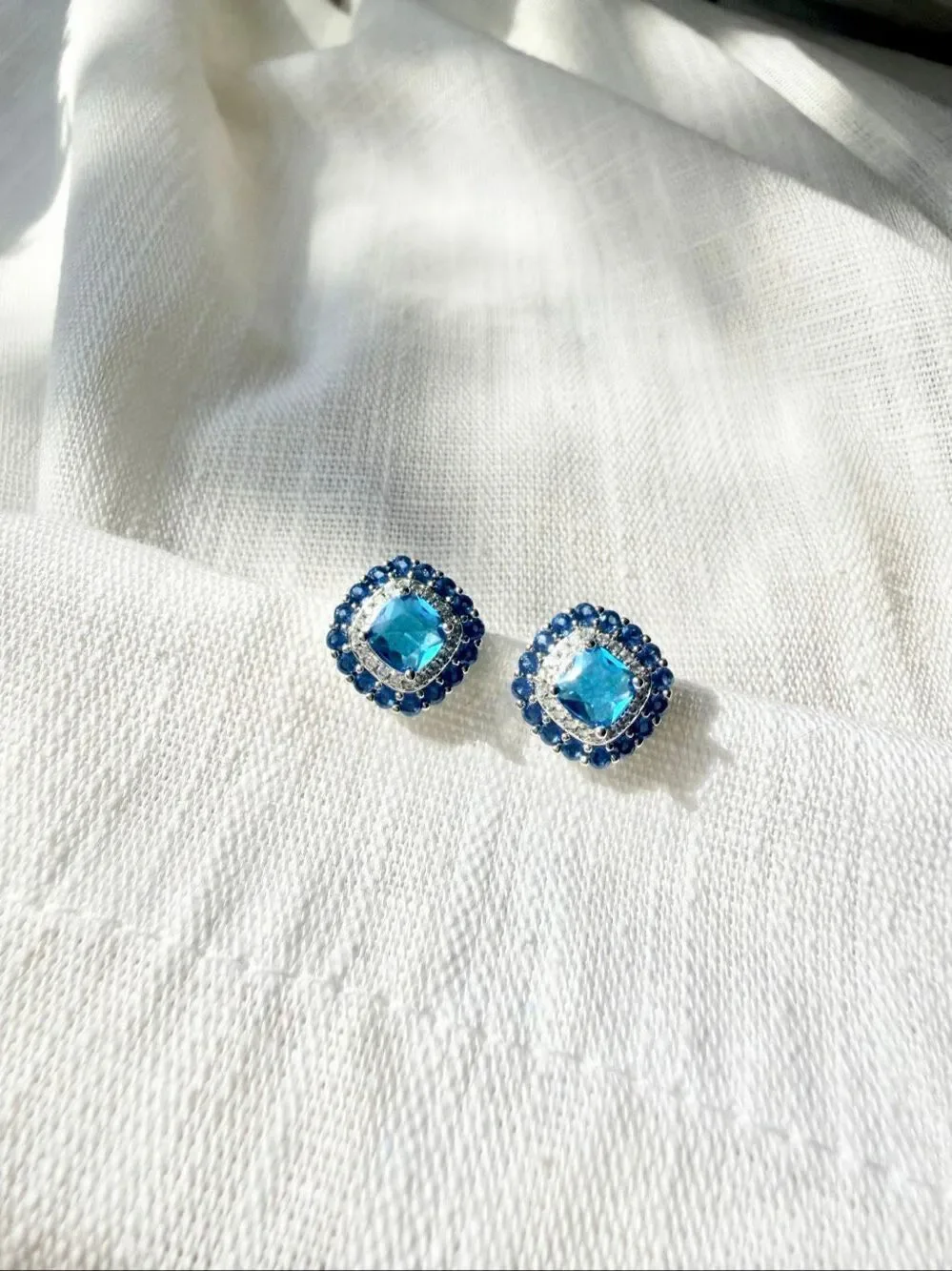 Sapphire Blue Cubic Zirconia Cushion Halo Stud Earrings Silver Tone